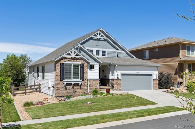 12189 Windy Trail Ln, Parker, CO 80138 - craftsman-style home with stone siding, board and batten siding, driveway, a garage, and a shingled roof