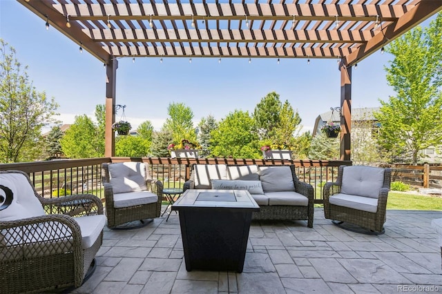 12189 Windy Trail Ln, Parker, CO 80138 - view of patio / terrace featuring an outdoor living space with a fire pit and a pergola