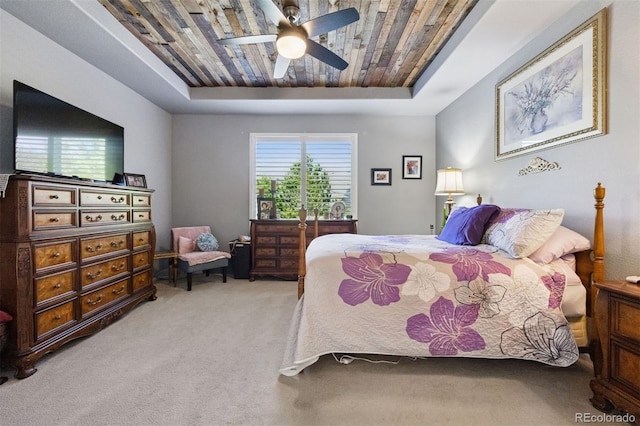 12189 Windy Trail Ln, Parker, CO 80138 - bedroom with a raised ceiling, carpet flooring, wooden ceiling, and a ceiling fan