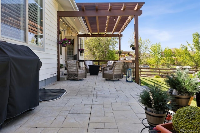 12189 Windy Trail Ln, Parker, CO 80138 - view of patio / terrace with a pergola, an outdoor living space, fence, and a grill