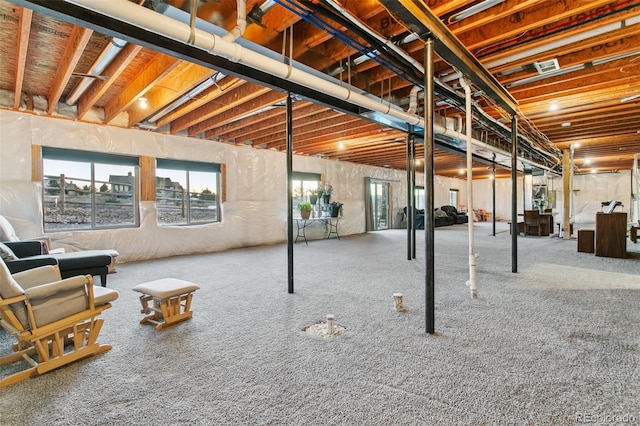 basement with carpet flooring