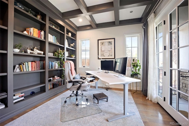 home office with a healthy amount of sunlight, beam ceiling, coffered ceiling, and wood finished floors