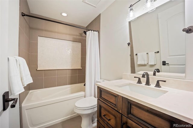 full bath with shower / bath combo with shower curtain, visible vents, vanity, toilet, and tile patterned floors