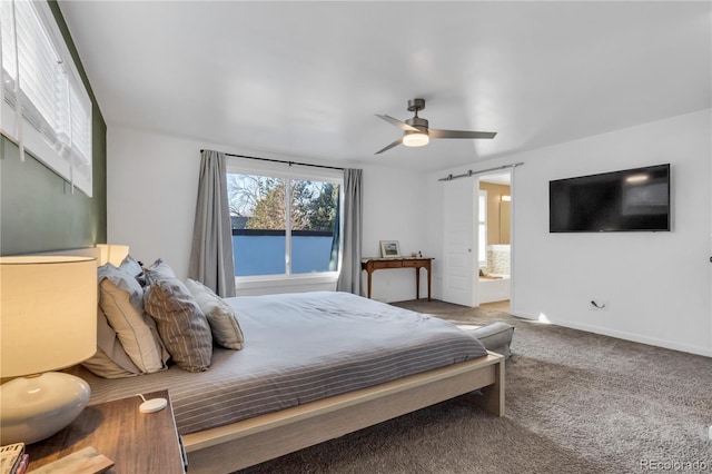 carpeted bedroom featuring baseboards and ceiling fan