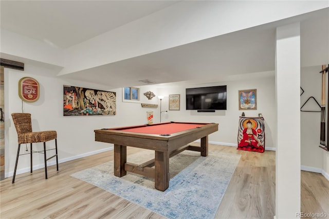 playroom with baseboards, light wood-style floors, and pool table