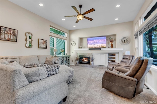 6266 Holman St, Arvada, CO 80004 - living room with ceiling fan, carpet floors, recessed lighting, a fireplace, and baseboards