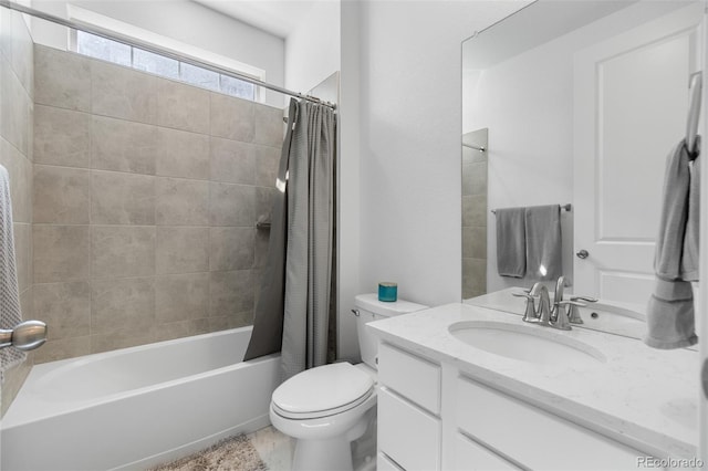 bathroom with shower / bath combination with curtain, toilet, and vanity