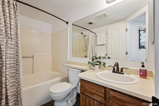 full bath featuring visible vents, shower / bathtub combination with curtain, toilet, and vanity