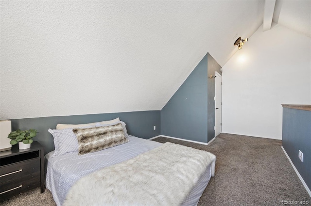 carpeted bedroom with lofted ceiling with beams and baseboards