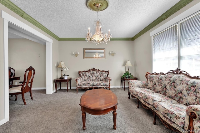 living room with carpet floors, a textured ceiling, baseboards, and crown molding