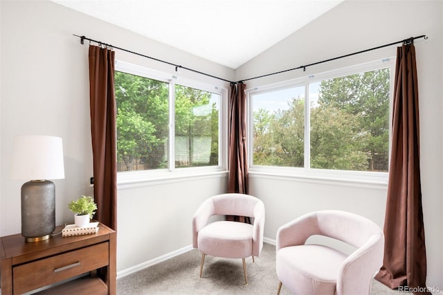 8288 W Chestnut Ave, Littleton, CO 80128 - living area featuring vaulted ceiling, carpet floors, and plenty of natural light