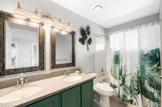 8288 W Chestnut Ave, Littleton, CO 80128 - bathroom featuring double vanity, healthy amount of natural light, shower / bath combo, and tile patterned flooring