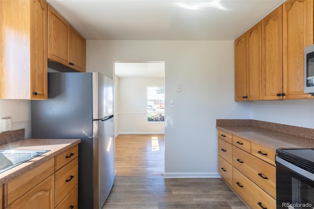 kitchen with a sink, stainless steel appliances, baseboards, and light wood finished floors