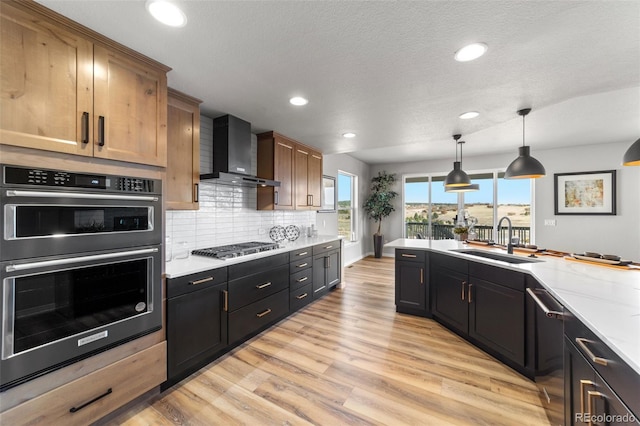 kitchen featuring light wood finished floors, backsplash, stainless steel appliances, wall chimney exhaust hood, and a sink