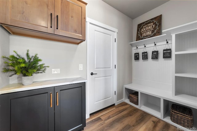 mudroom featuring dark wood-style floors