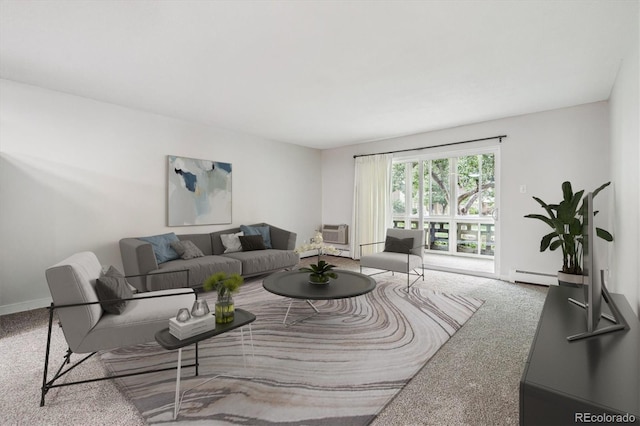 650 S Alton Way Unit 10A, Denver, CO 80247 - carpeted living room with baseboard heating, baseboards, and a wall mounted AC