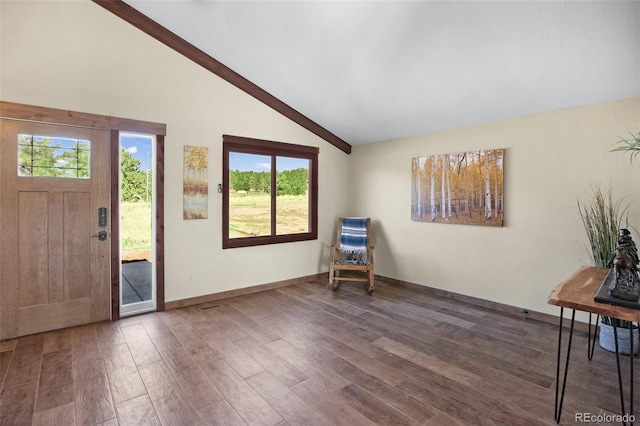 foyer entrance with dark hardwood / wood-style floors and high vaulted ceiling