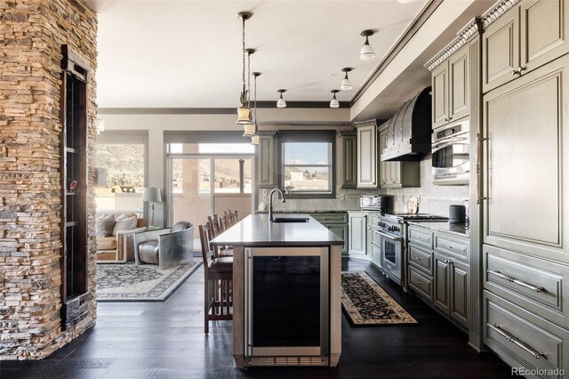 kitchen featuring a sink, high end stainless steel range, beverage cooler, wall chimney exhaust hood, and dark wood-style flooring