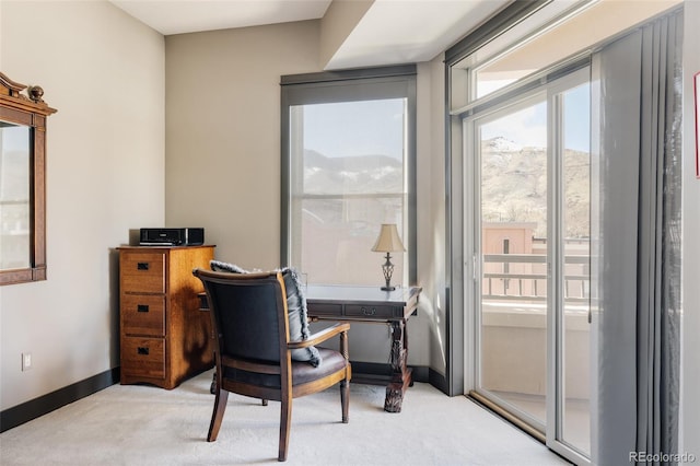 office area with light colored carpet and baseboards