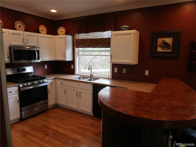 10522 Stoneflower Dr, Parker, CO 80134 - kitchen with stainless steel appliances, a sink, a peninsula, white cabinets, and crown molding
