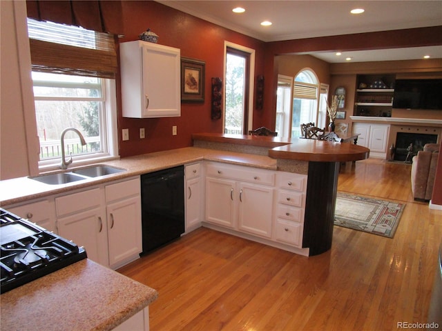 10522 Stoneflower Dr, Parker, CO 80134 - kitchen featuring a sink, dishwasher, open floor plan, a peninsula, and light wood finished floors