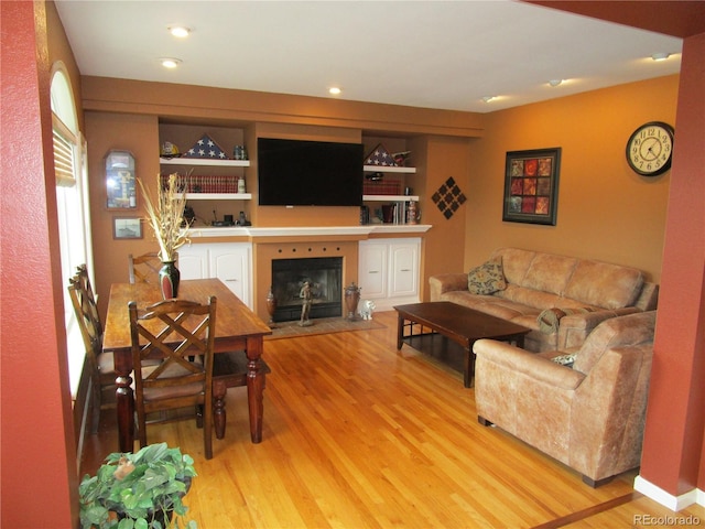 10522 Stoneflower Dr, Parker, CO 80134 - living room featuring light wood-type flooring, a fireplace with flush hearth, and recessed lighting