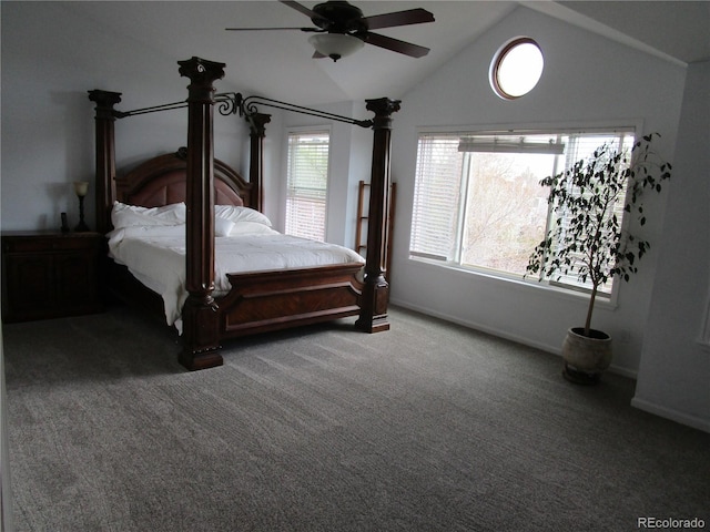 10522 Stoneflower Dr, Parker, CO 80134 - bedroom featuring carpet floors, vaulted ceiling, baseboards, and a ceiling fan