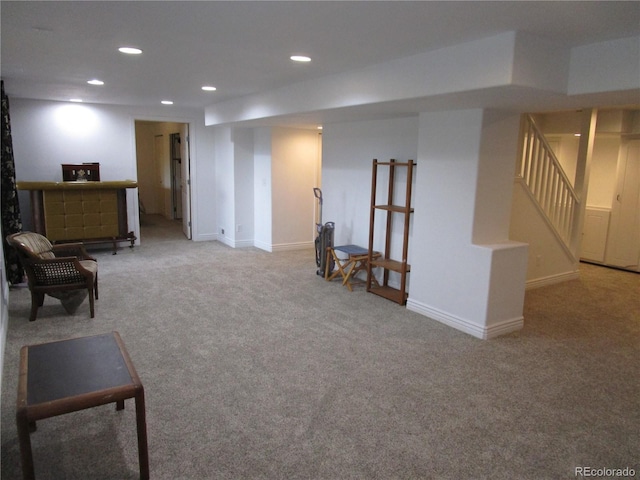 10522 Stoneflower Dr, Parker, CO 80134 - sitting room featuring carpet flooring, recessed lighting, stairway, and baseboards