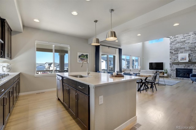 10024 Waterton Canyon Way, Colorado Springs, CO 80924 - kitchen with light wood-type flooring, dark brown cabinets, a stone fireplace, appliances with stainless steel finishes, and a sink