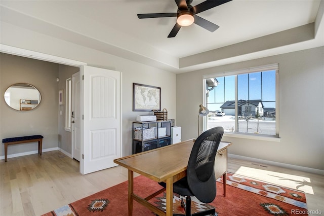 10024 Waterton Canyon Way, Colorado Springs, CO 80924 - office area featuring a raised ceiling, light wood-type flooring, baseboards, and a ceiling fan