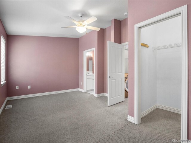 unfurnished bedroom with a closet, ceiling fan, and light colored carpet