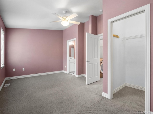 unfurnished bedroom with visible vents, baseboards, ceiling fan, carpet, and a closet