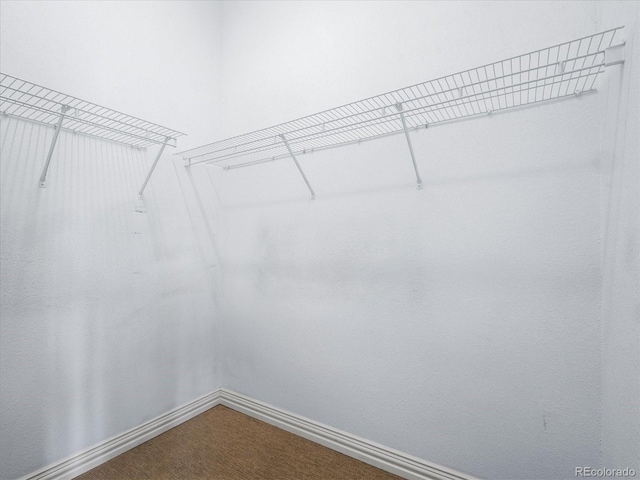 spacious closet featuring dark colored carpet