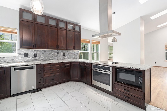 13317 Albion Cir, Thornton, CO 80241 - kitchen featuring black appliances, island exhaust hood, light marble finish floors, a peninsula, and hanging light fixtures