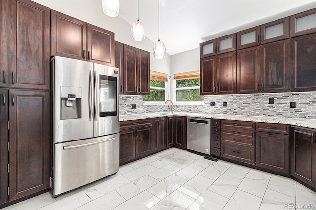 13317 Albion Cir, Thornton, CO 80241 - kitchen with stainless steel appliances, light marble finish flooring, vaulted ceiling, decorative backsplash, and glass insert cabinets