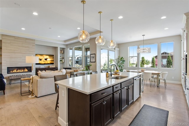 kitchen with light countertops, light wood-type flooring, a sink, and dishwasher