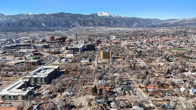 aerial view featuring a mountain view and a city view