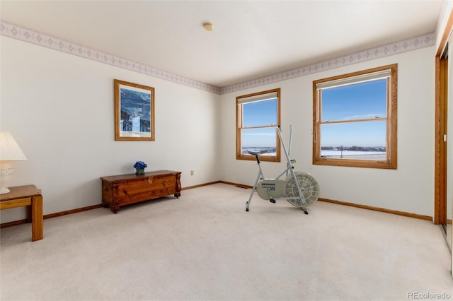 misc room with baseboards and light colored carpet