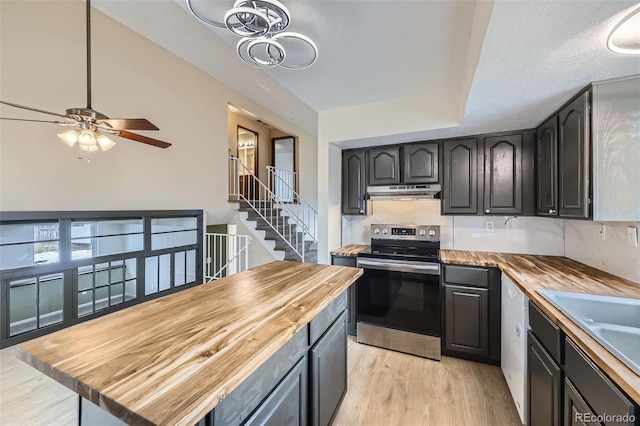 kitchen featuring butcher block countertops, light hardwood / wood-style flooring, electric stove, ceiling fan, and decorative backsplash