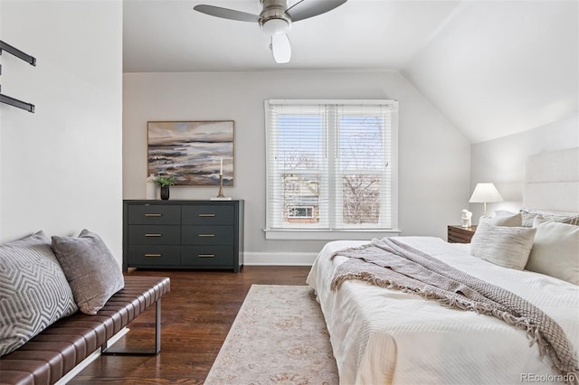 321 S Emerson St, Denver, CO 80209 - bedroom with lofted ceiling, dark wood-style floors, baseboards, and a ceiling fan