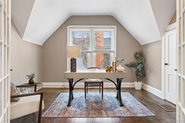 321 S Emerson St, Denver, CO 80209 - office featuring lofted ceiling, wood finished floors, and baseboards