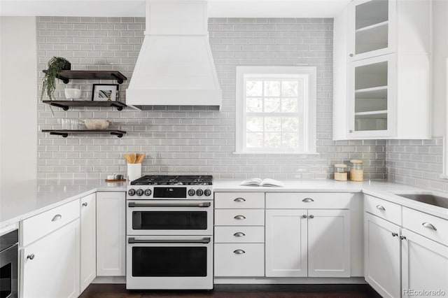 8739 E 23rd Ave, Denver, CO 80238 - kitchen with double oven range, custom range hood, backsplash, and light countertops