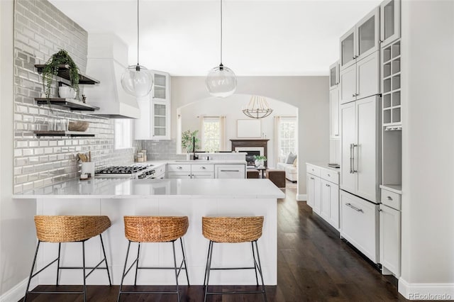 8739 E 23rd Ave, Denver, CO 80238 - kitchen featuring open shelves, a peninsula, a fireplace, tasteful backsplash, and range