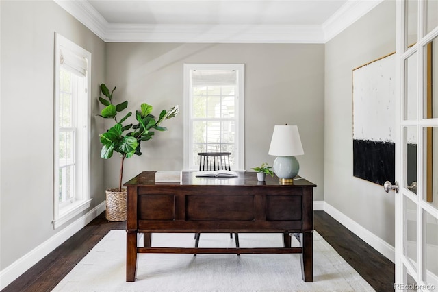8739 E 23rd Ave, Denver, CO 80238 - home office with crown molding, dark wood-style flooring, and french doors