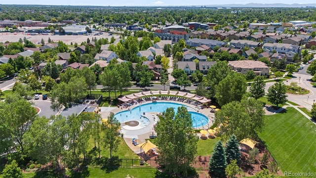 8739 E 23rd Ave, Denver, CO 80238 - aerial overview of property's location featuring a pool area
