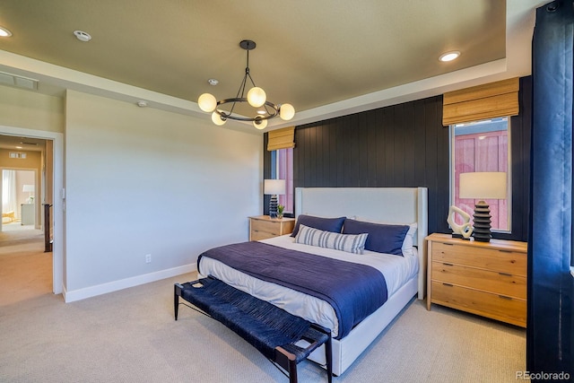bedroom featuring light colored carpet, recessed lighting, a chandelier, and baseboards