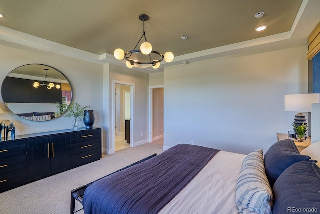 bedroom featuring a chandelier, light carpet, recessed lighting, and baseboards