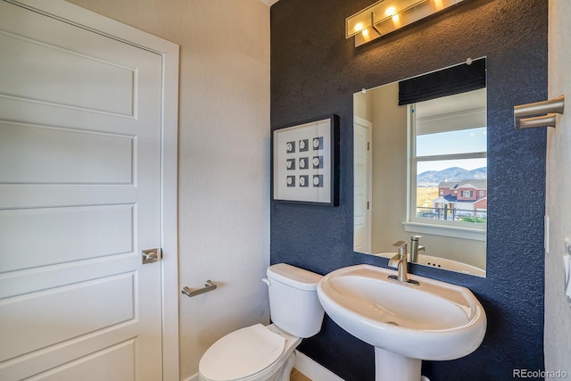 bathroom featuring a textured wall, toilet, and a sink