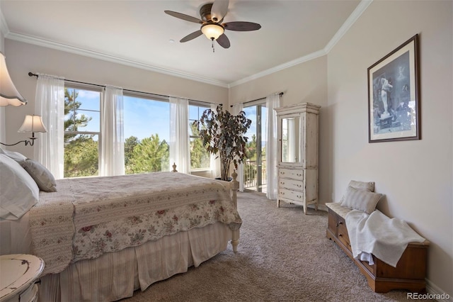 carpeted bedroom featuring crown molding, a ceiling fan, and access to exterior