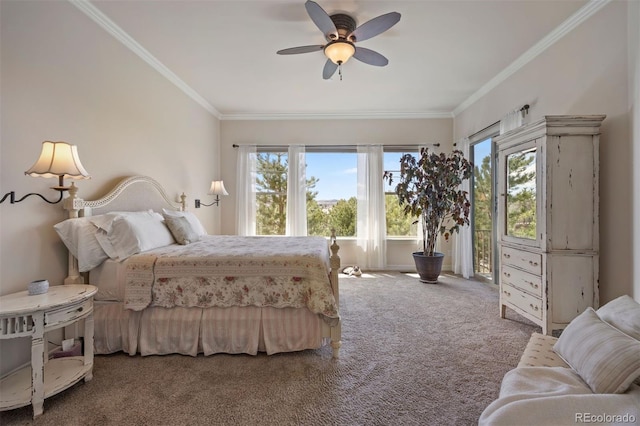 bedroom with carpet floors, ornamental molding, a ceiling fan, and access to outside